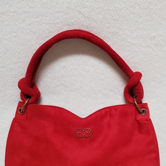 Vintage Escada Red Velvet Bronze Logo Sweetheart Knotted Strap Handbag - Picture 2 of 13